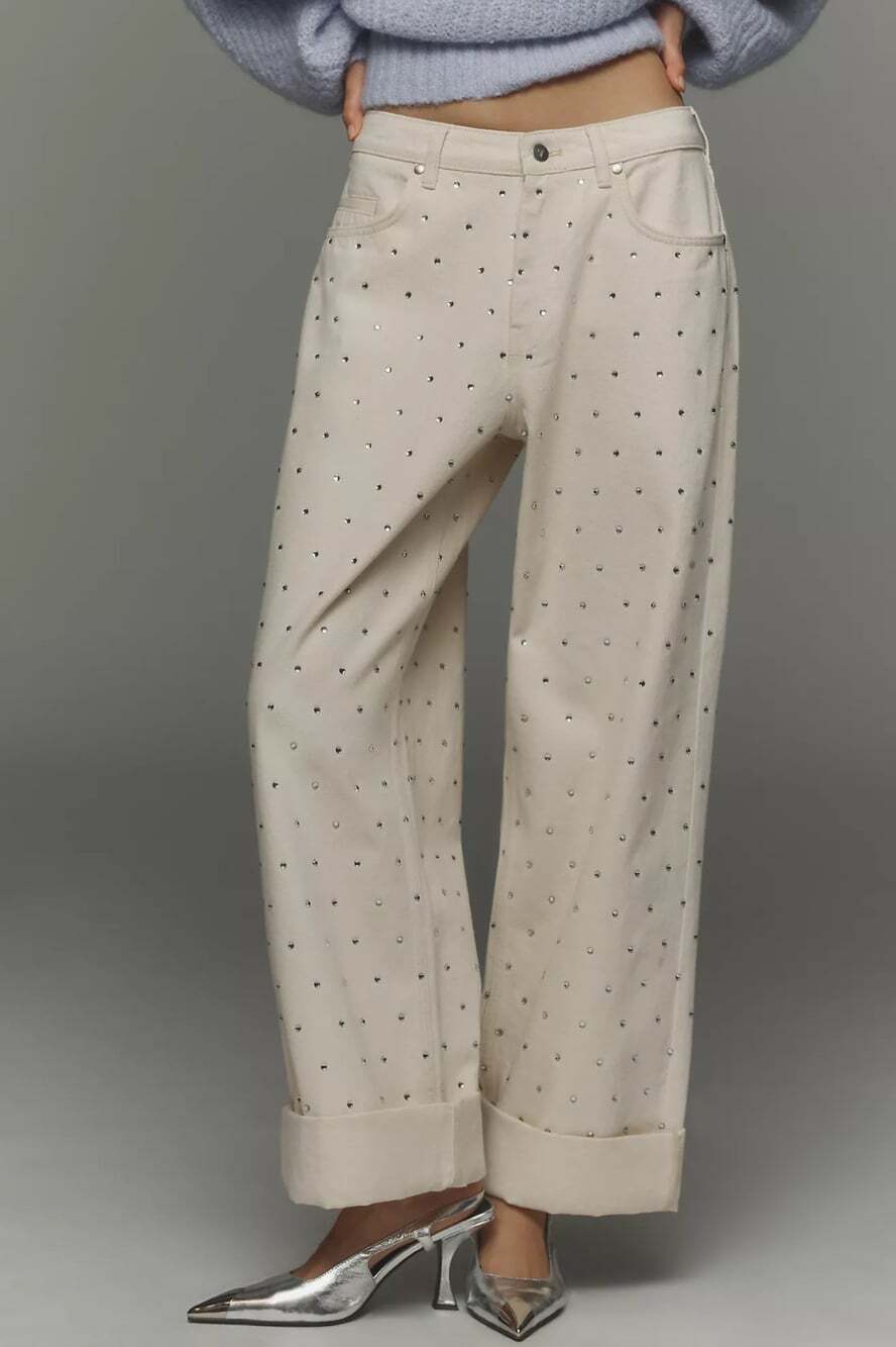 PILCRO Sparkle Relaxed Cuff Jeans Size 29 Cream Slouchy Wide Leg Coquette Jewel